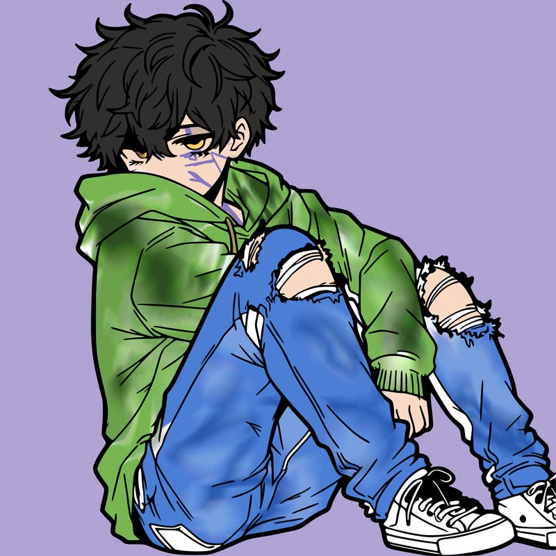 a male hoddie ripped jeans messy hair anime