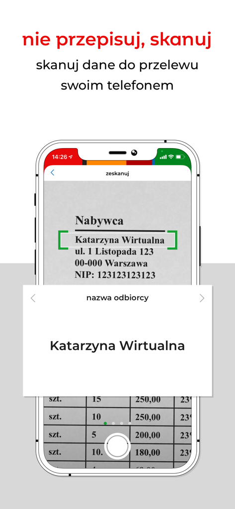 mBank PL - Twój bank i finanse - A smartphone using the mBank PL app to scan recipient details from a document for a bank transfer