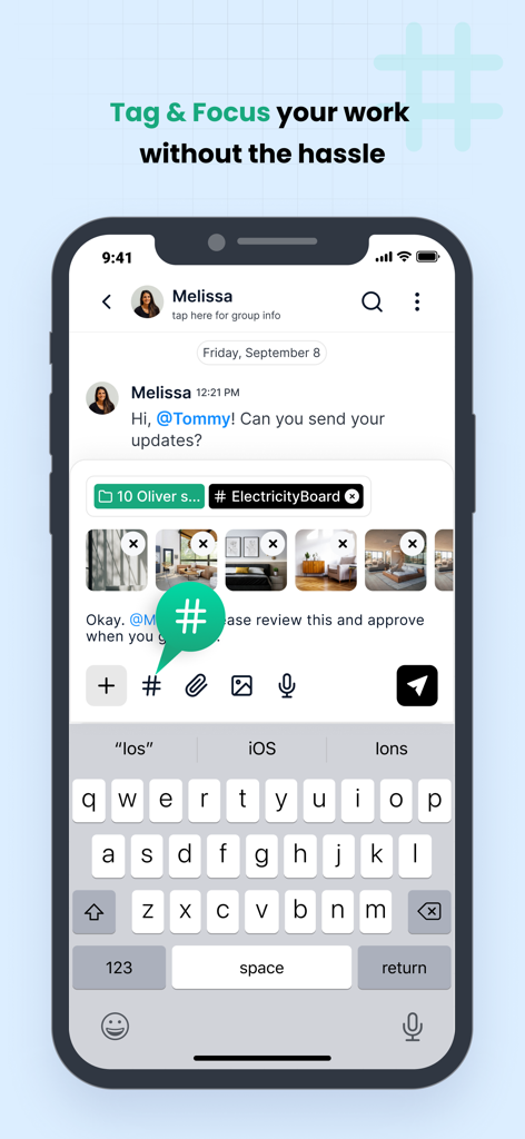 TaskTag: How to project. - TaskTag app interface showing construction project chat with file tagging