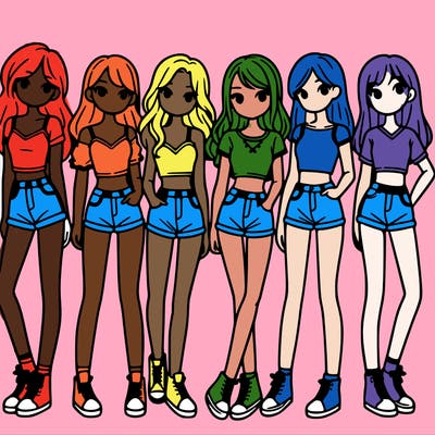 a group of girls wearing crop tops and shorts