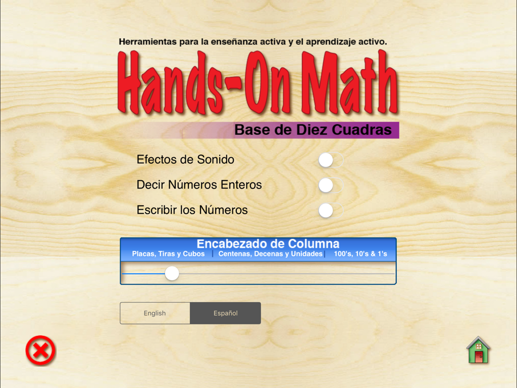 Base Ten Blocks ES - Menú de configuración en español para la aplicación educativa Base Ten Blocks ES.