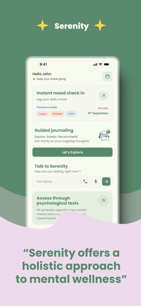 Serenity app home screen showing mood check in guided journaling and ai therapy options