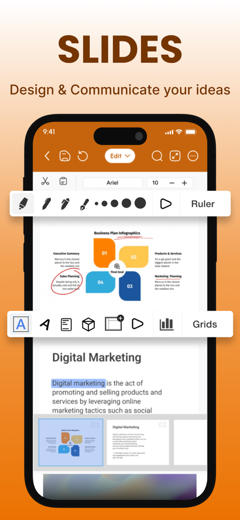 Office Suite-Word, Sheets, PPT - ビジネスプランのインフォグラフィックを表示するプレゼンテーションスライドエディタのモバイルインターフェース