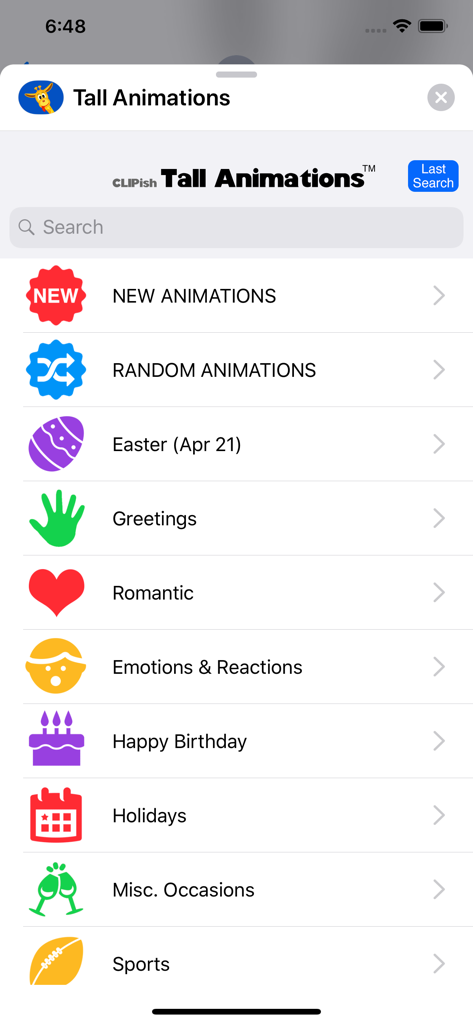 CLIPish Tall Animations - Menú de la aplicación CLIPish Tall Animations que muestra una lista de categorías de animaciones como Romántico y Saludos