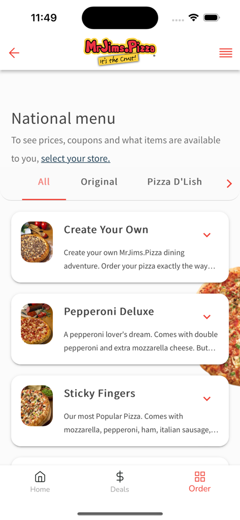 MrJims.Pizza - Menu de l'application mobile MrJims Pizza présentant divers choix de pizzas, y compris Créer votre propre et Pepperoni Deluxe.