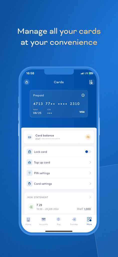 Bank of Kigali Mobile Banking - Bank of Kigali mobile app interface for card management featuring options to lock card top up card and view mini statements