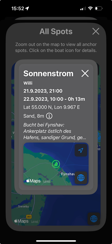 Ankerwache Pro - 地図上の保存済みボート投錨地の詳細ビュー