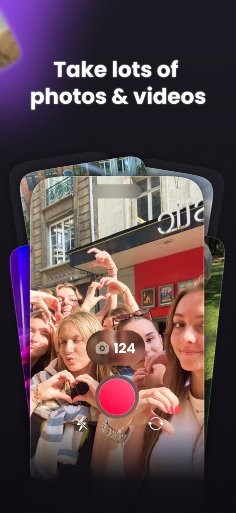 Group of young friends taking a selfie together using the Buddies app camera
