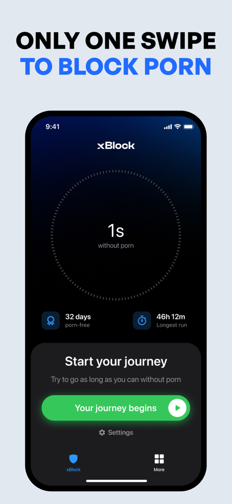 xBlock - Porn Blocker | No Nut - Startbildschirm der xBlock Porn Blocker App mit Streak-Zähler und Start-Button