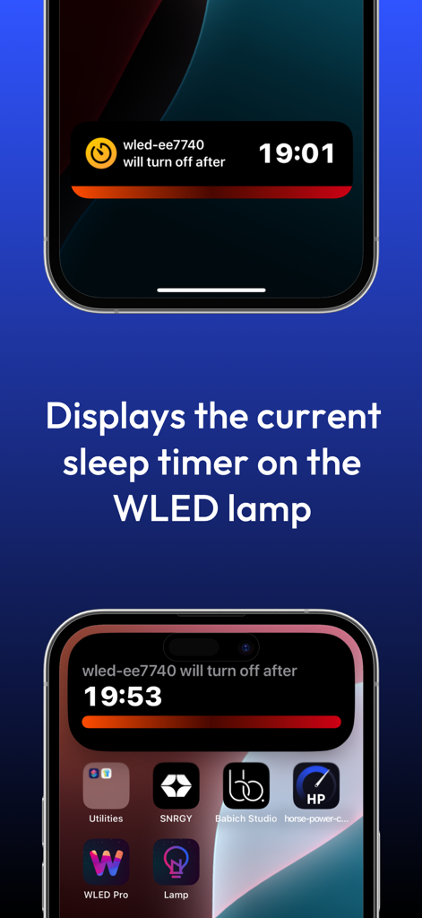 WLED Pro iOS widget displaying the current sleep timer for a smart LED lamp