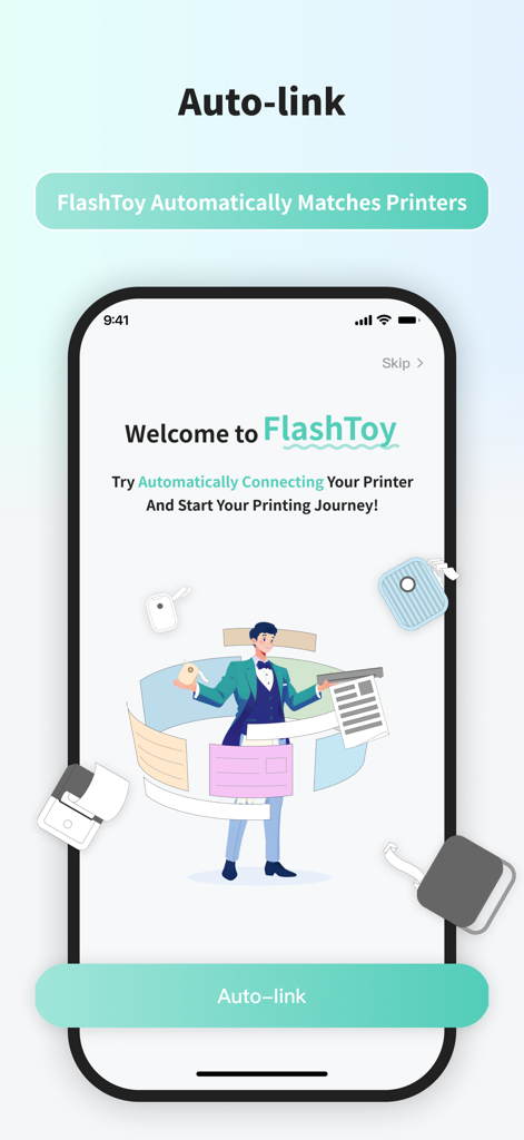 Pantalla de incorporación de la aplicación FlashToy que muestra la función de conexión automática de la impresora