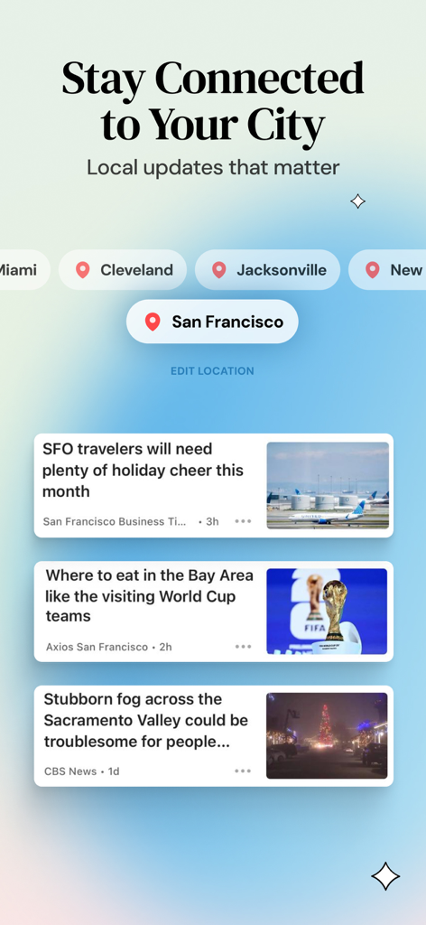 SmartNews 앱 인터페이스에 샌프란시스코의 지역 뉴스 헤드라인 및 도시 선택이 표시되고 있습니다.