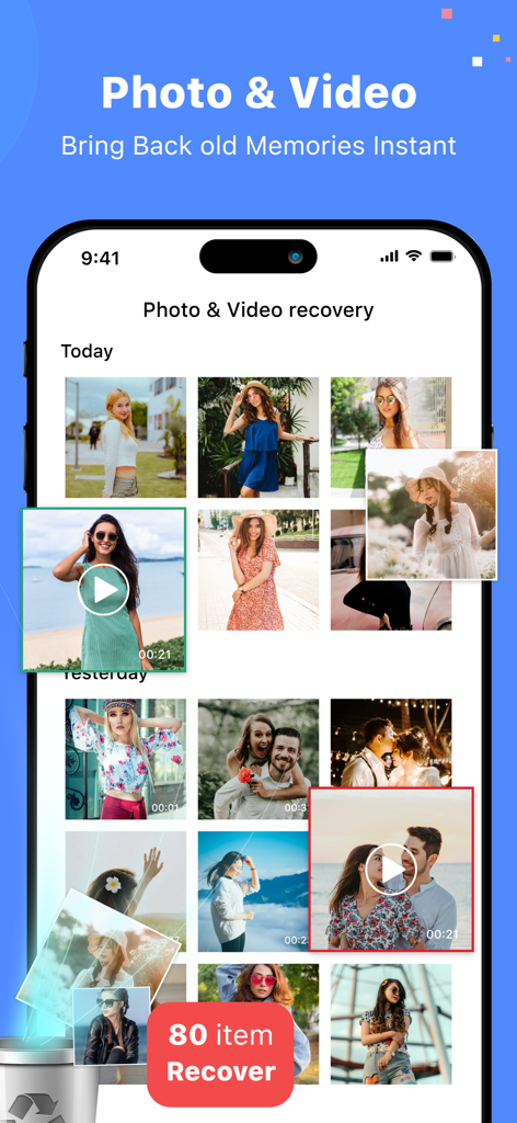 MobiSaver: Data&Photo Recovery - MobiSaver app interface showing a grid of recovered photos and videos