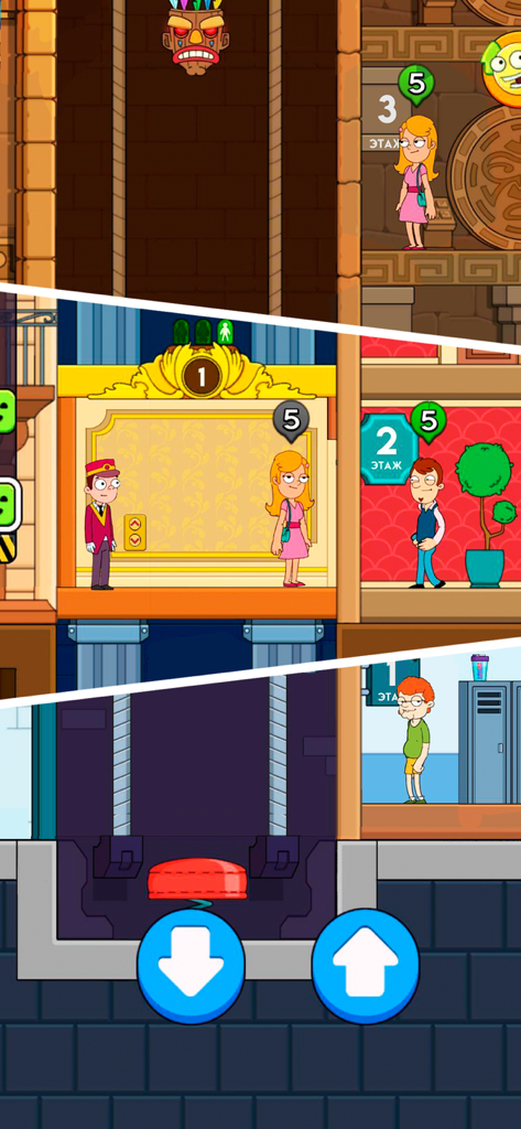 A split screen showing different themed hotel levels in Hotel Elevator Doorman Mania including adventure and classic styles