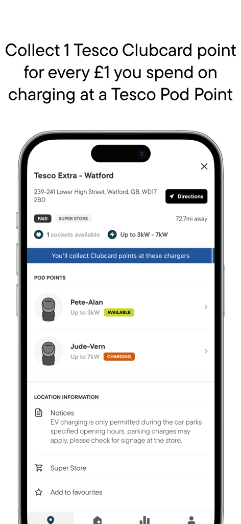 Pod Point app screen displaying EV charging availability at a Tesco location with Clubcard point details.