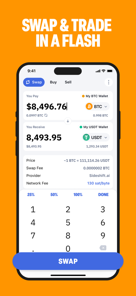 Bitcoin.com Wallet: Buy, sell - Bitcoin.com ウォレットアプリのインターフェースが、BTC から USDT への仮想通貨スワップを表示