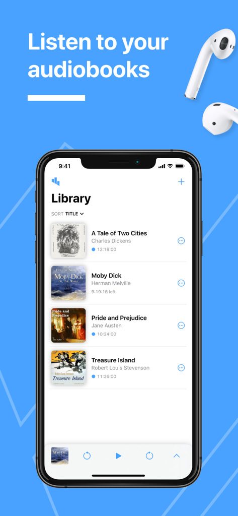 Bound audiobook player library interface on an iPhone displaying classic book titles
