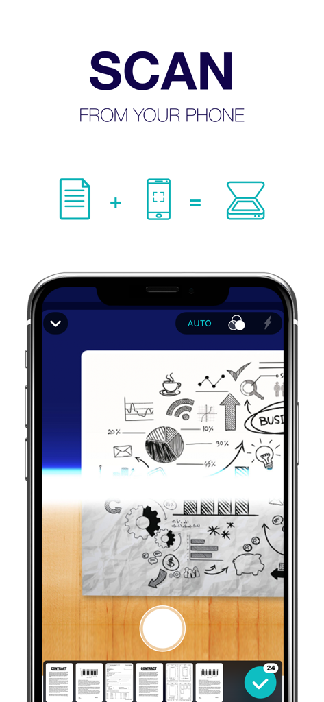 Scanner - Edit PDF & documents - Uno schermo di smartphone che visualizza un documento in fase di scansione con una funzione di fotocamera a rilevamento automatico.
