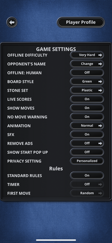 Menú de configuración de Othello, el juego oficial, mostrando opciones para dificultad offline, estilo de tablero y reglas