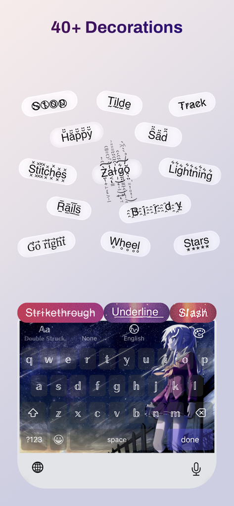 Showcase of text decorations and a customized anime themed keyboard in the Cool Fonts plus app