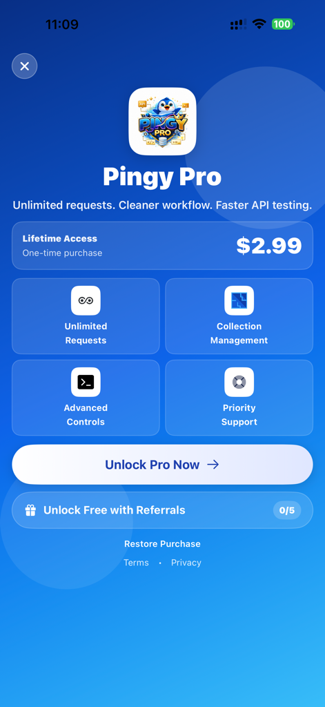 Pantalla de actualización de Pingy Pro que muestra un precio de compra única de $2.99 y una lista de funciones como solicitudes ilimitadas y administración de colecciones.