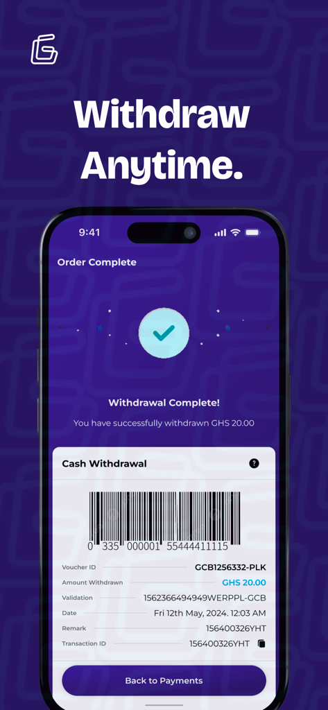 G-Money App - Mobile screen showing a successful cash withdrawal confirmation with a barcode and transaction details for G-Money app