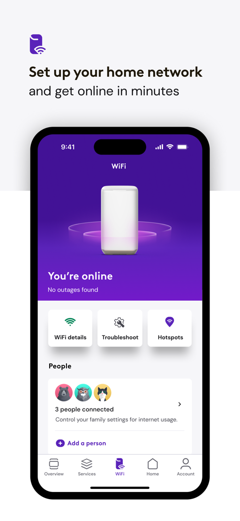 Bildschirm der Xfinity-App für die Einrichtung des Heimnetzwerks und die WLAN-Verwaltung mit Statusanzeige und verbundenen Geräten