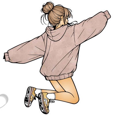 realistic girl jumping with a bun and oversized sweatshirt