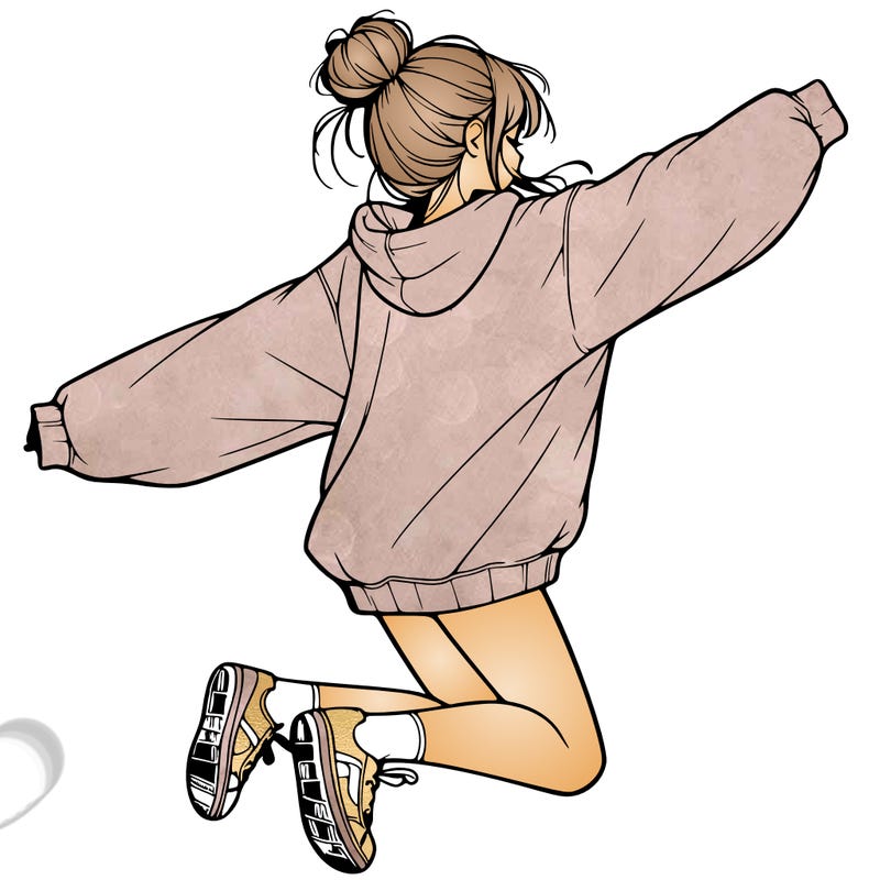 realistic girl jumping with a bun and oversized sweatshirt