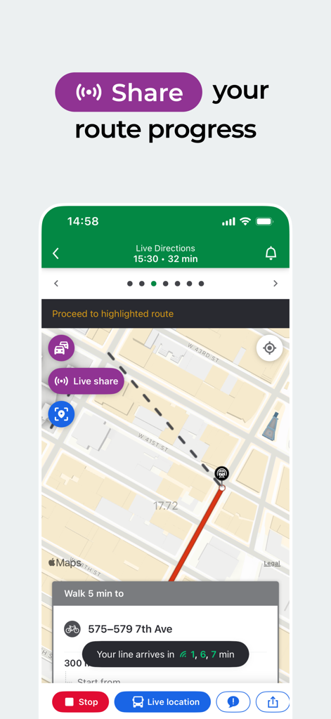 Moovit app interface showing a real time transit map with route progress sharing and live navigation directions