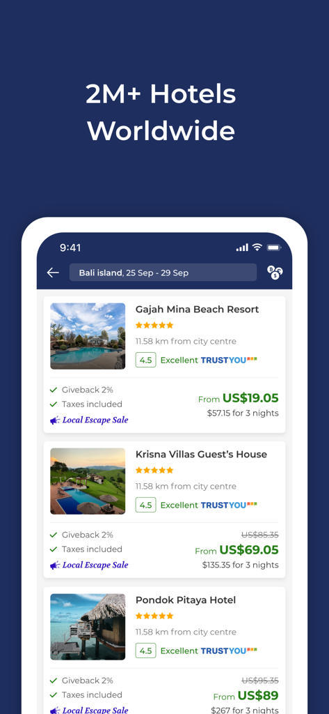 Travala app screen showing search results for hotels in Bali with prices ratings and crypto giveback rewards