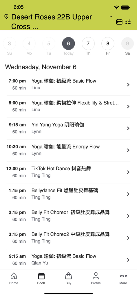 Desert Roses Yoga Dance mobile app interface displaying a daily schedule of classes including Yoga, TikTok Hot Dance, and Bellydance for easy booking.