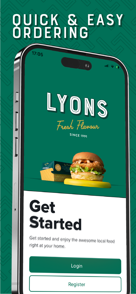 Lyons Takeaway app interface showing a fresh chicken fillet sandwich and quick ordering options.