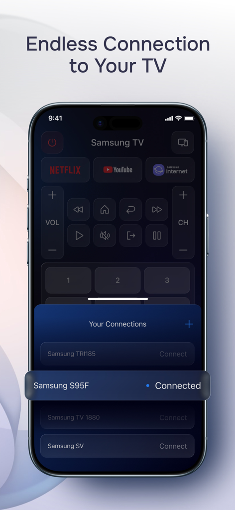 Remote Control: For Samsung TV - iPhone screen showing the connection menu of a Samsung TV remote control app
