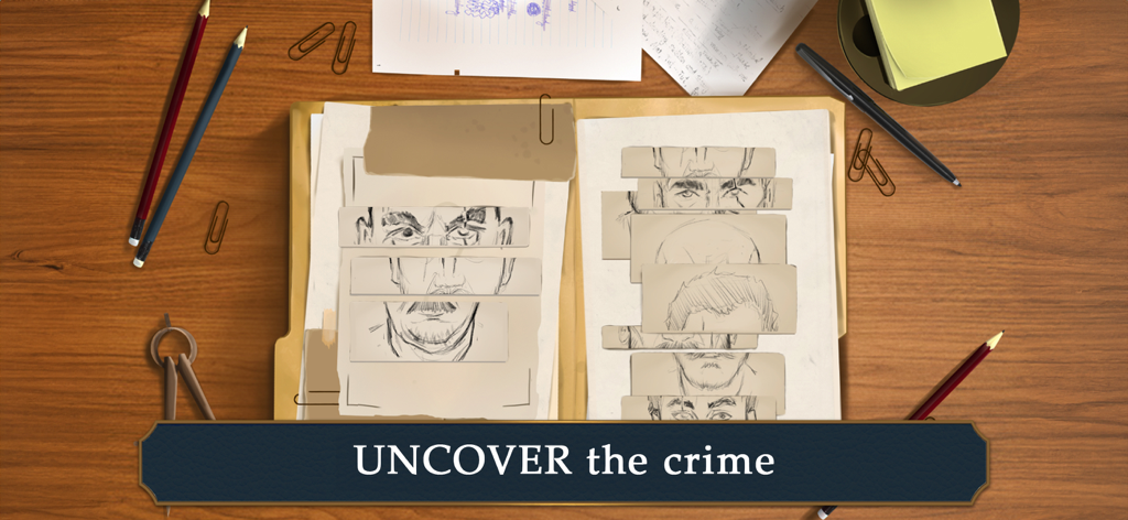 Mary's Mystery: Hidden Object - A suspect identification puzzle with hand drawn sketches on a detective desk