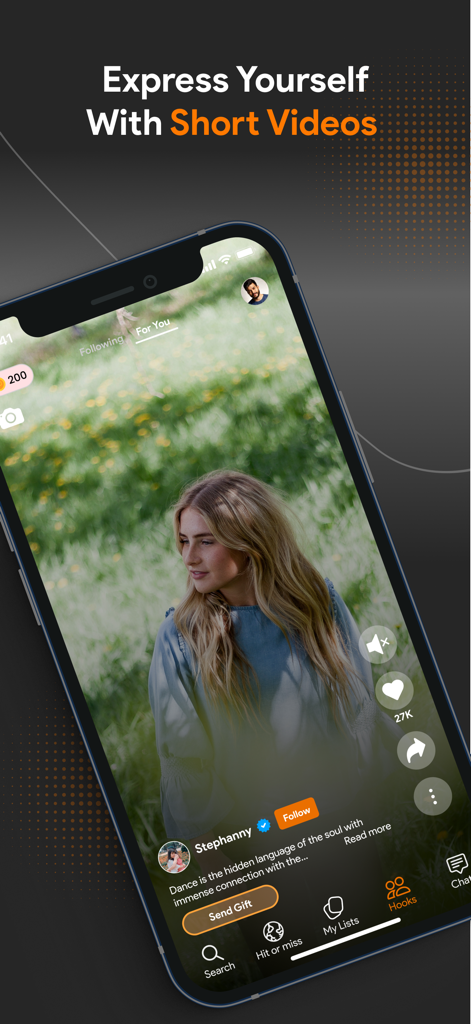 Hooked On Dating Local App - Interfaz de la app móvil Hooked On Dating que muestra una función de vídeo corto de perfil para citas locales.