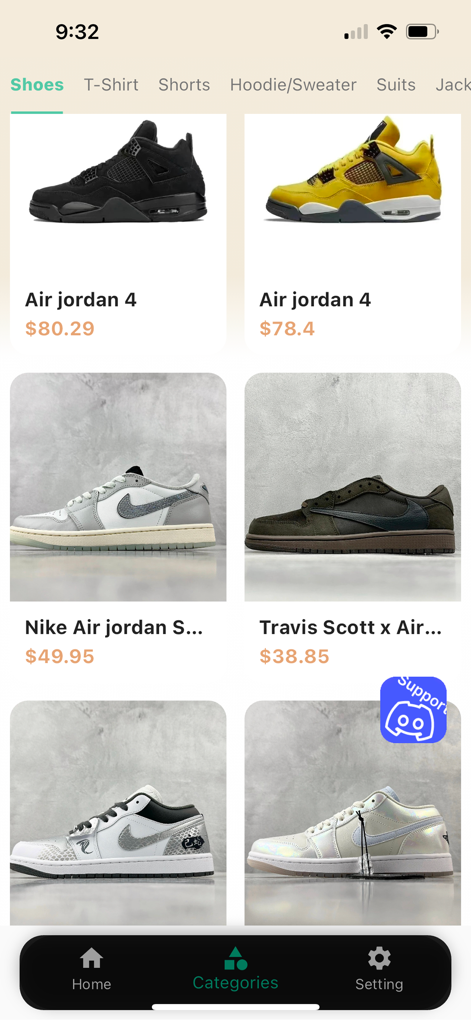 Acbuy Spreadsheets - A mobile shopping interface displaying various sneaker models including Air Jordan 4 and Travis Scott collaborations with their prices.