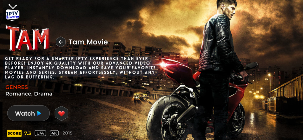 IPTV Smart Pro - Live TV - IPTV Smart Pro App-Oberfläche mit Filmdetails für einen Titel namens Tam mit 4K-Streaming- und Download-Optionen