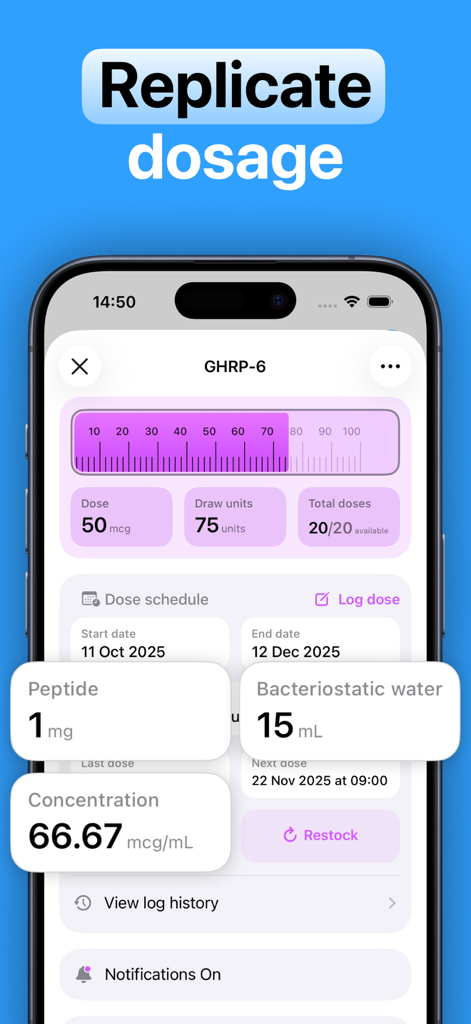Peptide Calculator PRO app screen showing dosage calculations for GHRP-6 with syringe visualization and injection schedule