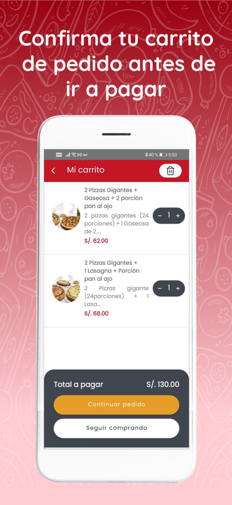 Pizza Raul - Pizza Raul mobile app shopping cart screen showing pizza combos and total price