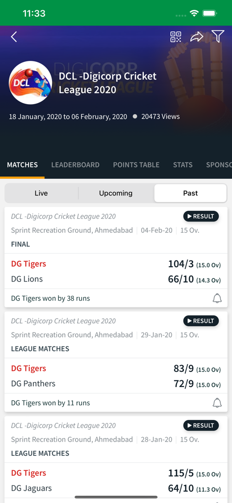 Guyana Cricket Board - GCB - A screenshot of the Guyana Cricket Board app displaying past match results and cricket scores for various teams