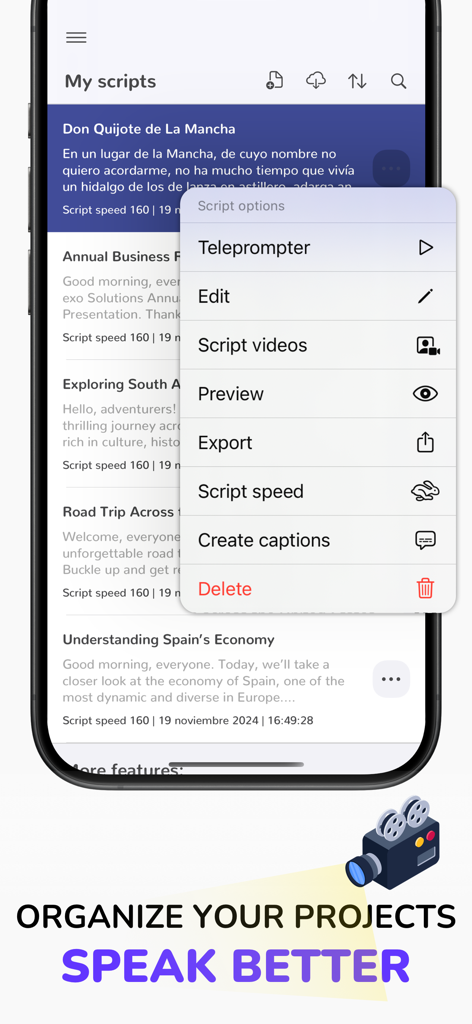 Teleprompter App - Autokue - Interface do aplicativo Autokue mostrando uma lista de roteiros e um menu com opções para editar, visualizar e ajustar a velocidade do roteiro.