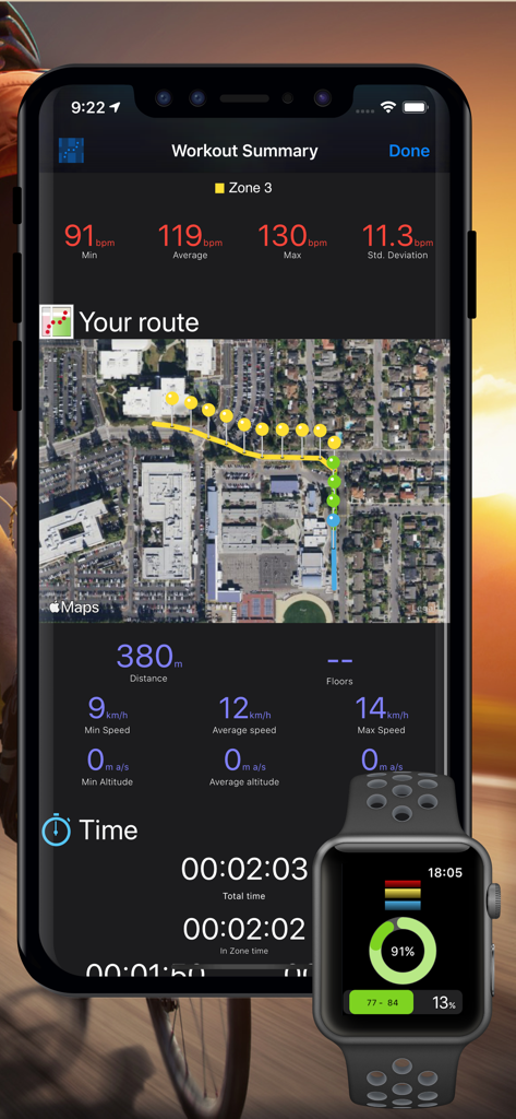 Riepilogo dell'allenamento che mostra statistiche sulla frequenza cardiaca e mappa del percorso GPS su iPhone e Apple Watch