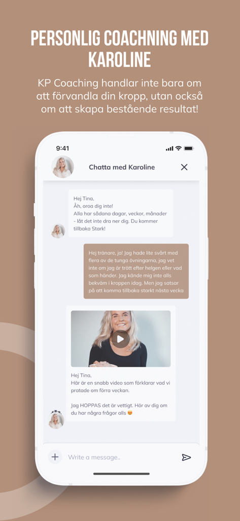 KP COACHING - Mobile app interface showing a direct chat conversation between a user and Karoline for personal health coaching