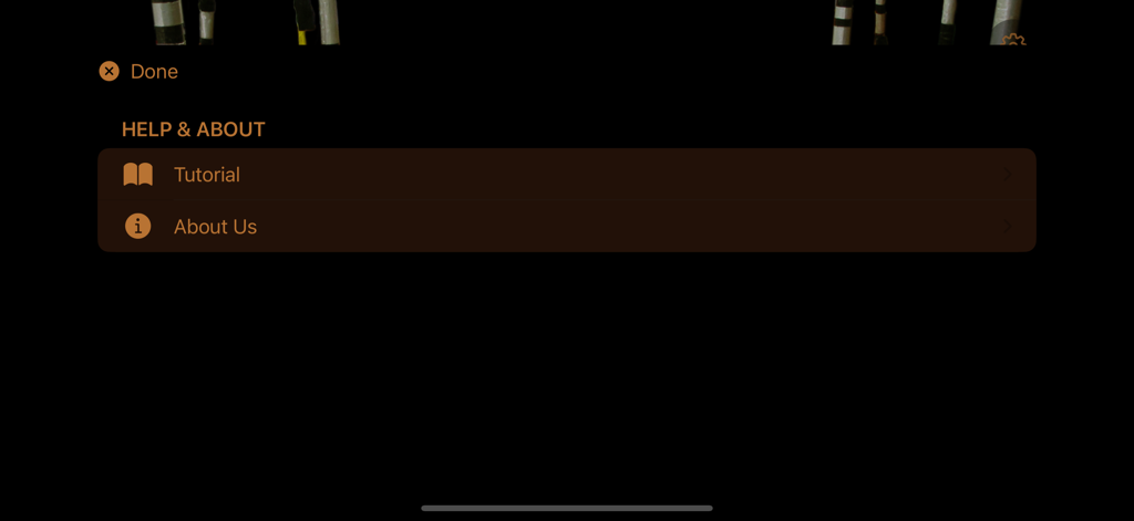 Hilfe- und Info-Menübildschirm mit Tutorial und Über uns-Optionen