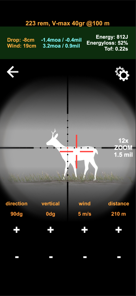 NorneHunt - Interfaz de vista de mira de la aplicación móvil NorneHunt con una silueta de ciervo blanca y datos balísticos en tiempo real para caza ética