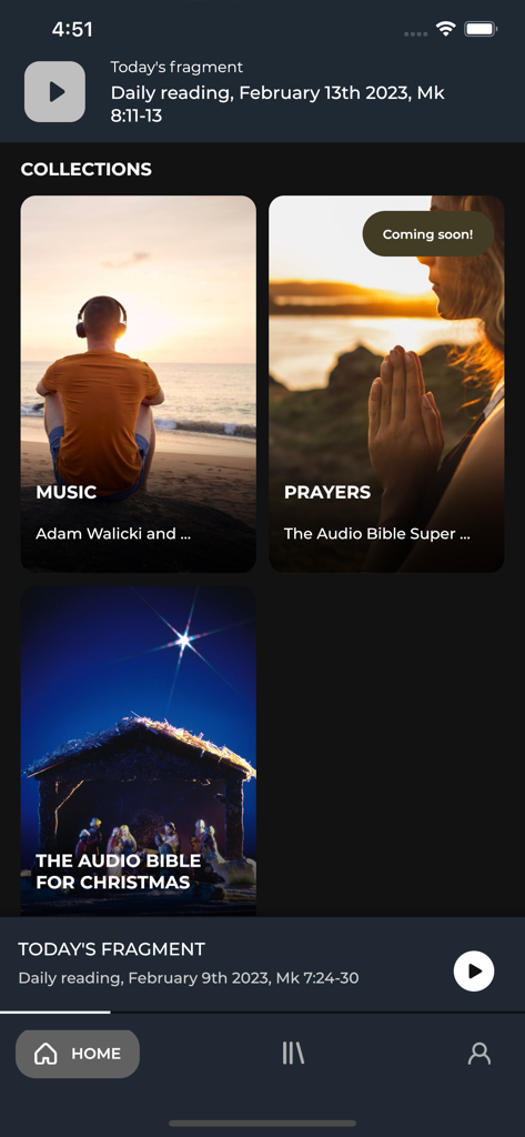 The AudioBible Superproduction - The home screen of The AudioBible Superproduction app displaying thematic collections for music, prayers, and Christmas stories.