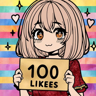 anima girl holding a 100 likes sign in her hand