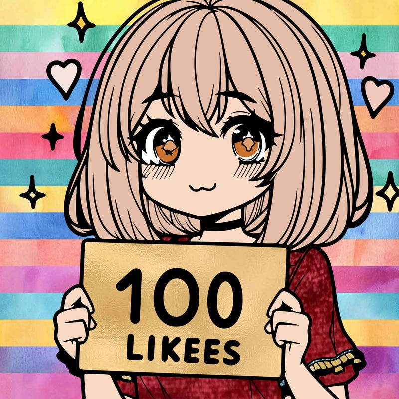 anima girl holding a 100 likes sign in her hand