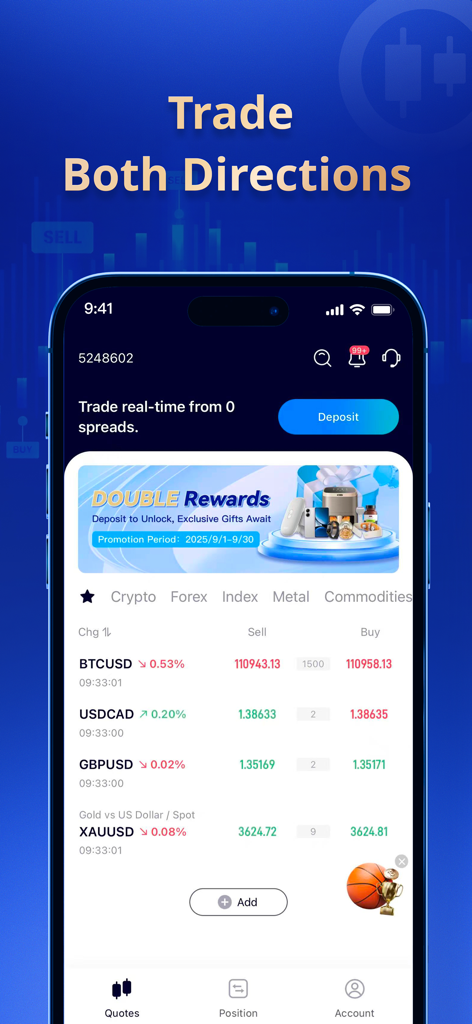TMGM app interface showing real-time CFD trading quotes for Forex, Crypto, and Gold with the headline Trade Both Directions.